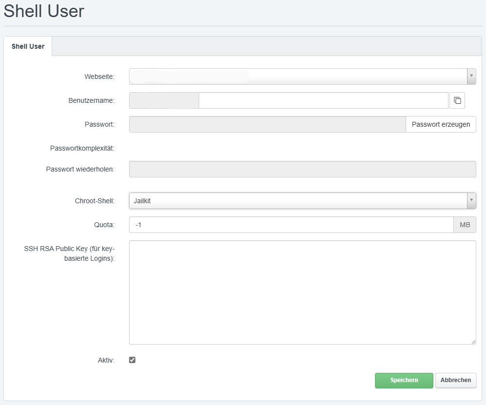 Server Panel Kommandozeile neuer Shell User